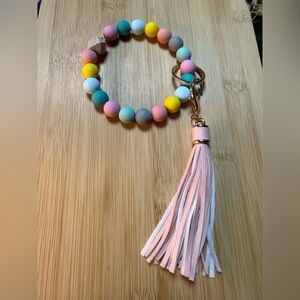Pastel Beaded Key Ring Bracelet Wristlet w/ Pink Tassel